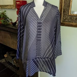 Etcetera Wmns 6 Silk Sheer Diagonal Blue Stripe Vneck 7/8SLV Tunic Blouse 117